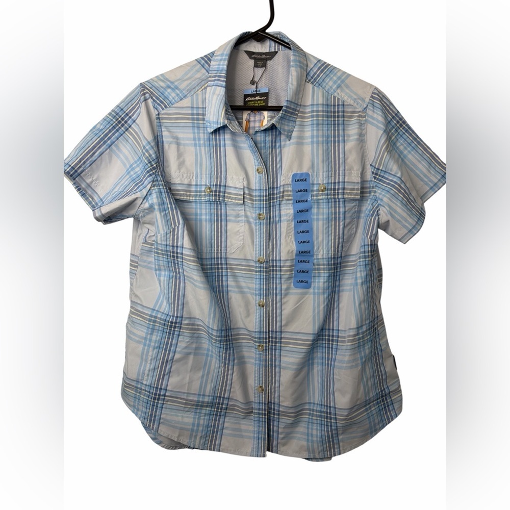 Eddie Bauer Shirt Womens Large Short Sleeve Adventure Plaid UPF 50 NWT